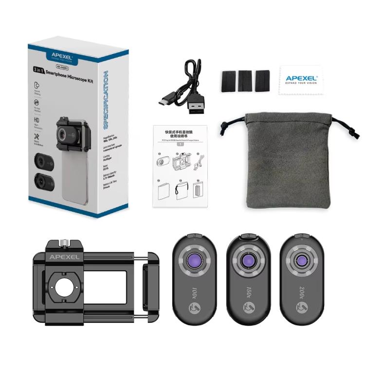 APEXEL APL-MS3IN1 100/150/200X Portable Microscope Cell Phone Lens With LED/ UV Lights Built-in CPL Filter - Telescope & Microscope by APEXEL | Online Shopping UK | buy2fix