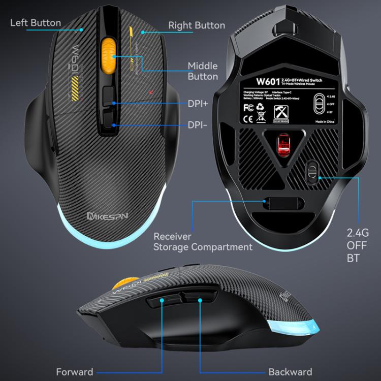 MKESPN W601 Silent Wireless Tri-mode Macro Gaming Mouse Carbon Fiber 12800DPI Bluetooth Mouse(White) - Wireless Mice by MKESPN | Online Shopping UK | buy2fix
