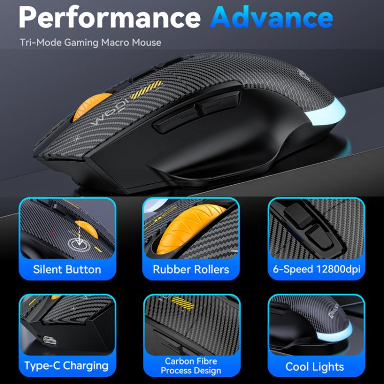 MKESPN W601 Silent Wireless Tri-mode Macro Gaming Mouse Carbon Fiber 12800DPI Bluetooth Mouse(White) - Wireless Mice by MKESPN | Online Shopping UK | buy2fix