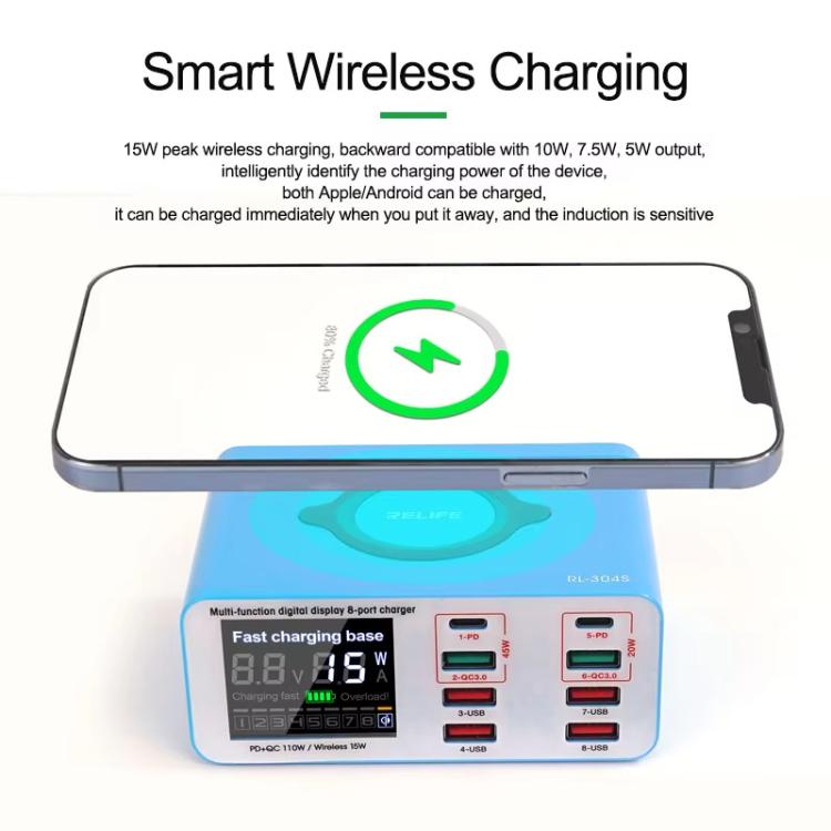RELIFE RL-304S Multifunctional Smart Digital Display 8 Port Fast Charger USB Support PD+QC3.0 Mobile Phone Charger(EU Plug) - Multifunction Charger by RELIFE | Online Shopping UK | buy2fix