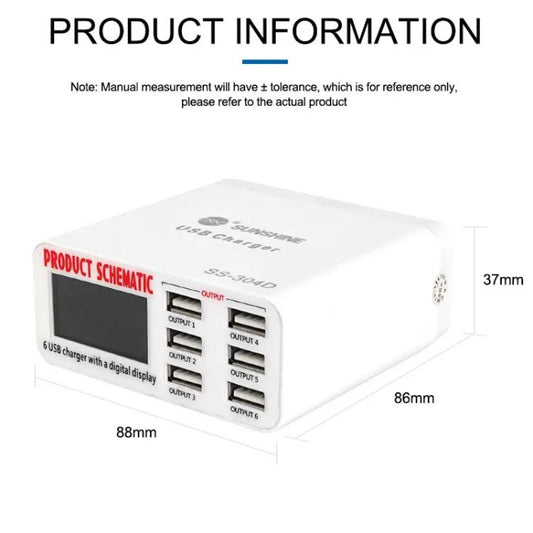 SUNSHINE SS-304D 6-Port USB Smart Charger Multi-Port Digital Display Fast Charging For Mobile Phone(EU Plug) - Multifunction Charger by SUNSHINE | Online Shopping UK | buy2fix