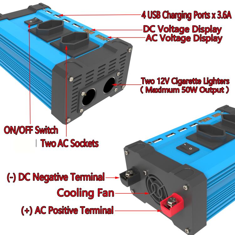 Gurxun 4 USB Ports Digital Display Modified Square Wave Inverter, Spec: 300W US Plug 12V To 110V - Modified Square Wave by Gurxun | Online Shopping UK | buy2fix
