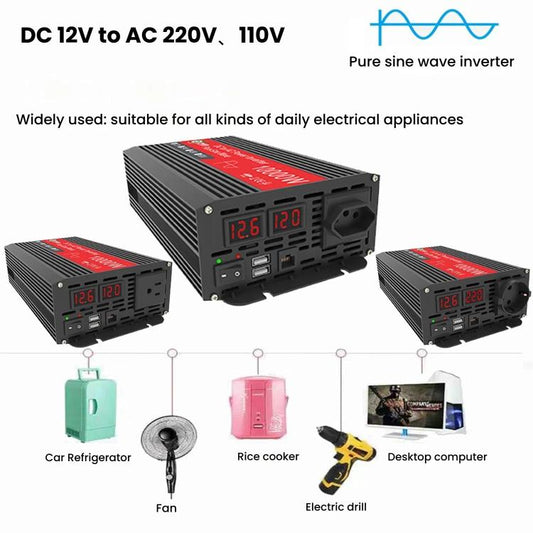 Gurxun 1500W Dual USB Fast Charger Dual Digital Display Pure Sine Wave Inverter, Spec: EU Plug 12V To 220V - Pure Sine Wave by Gurxun | Online Shopping UK | buy2fix