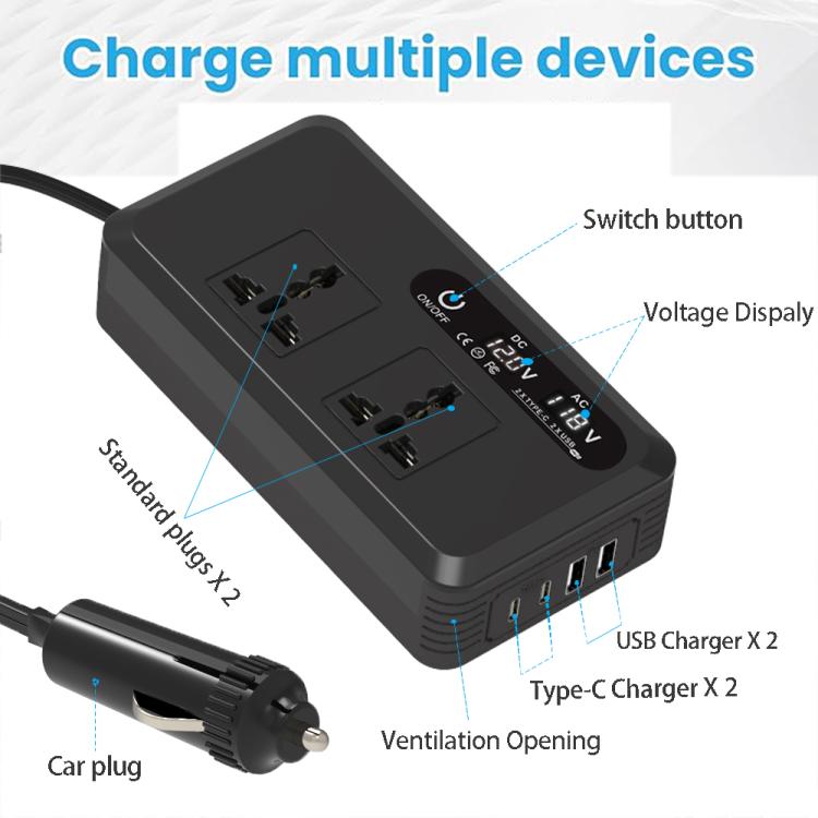 Gurxun Dual Digital Display Car Inverter With 2 USB+2 Type-C Ports Universal Plug 110V - Modified Square Wave by Gurxun | Online Shopping UK | buy2fix