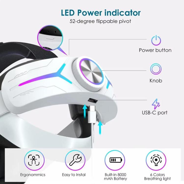 For Meta Quest 2 VR RGB Head Strap Adjustable Headband Built-in 8000 mAh Battery(Gaming White) - VR Accessories by buy2fix | Online Shopping UK | buy2fix