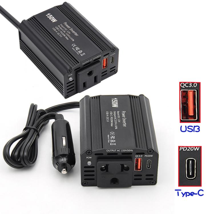 150W PD20W QC3.0 Fast Charging Car Inverter Car Cigarette Lighter Power Supply Adapter(US Plug) - Modified Square Wave by buy2fix | Online Shopping UK | buy2fix