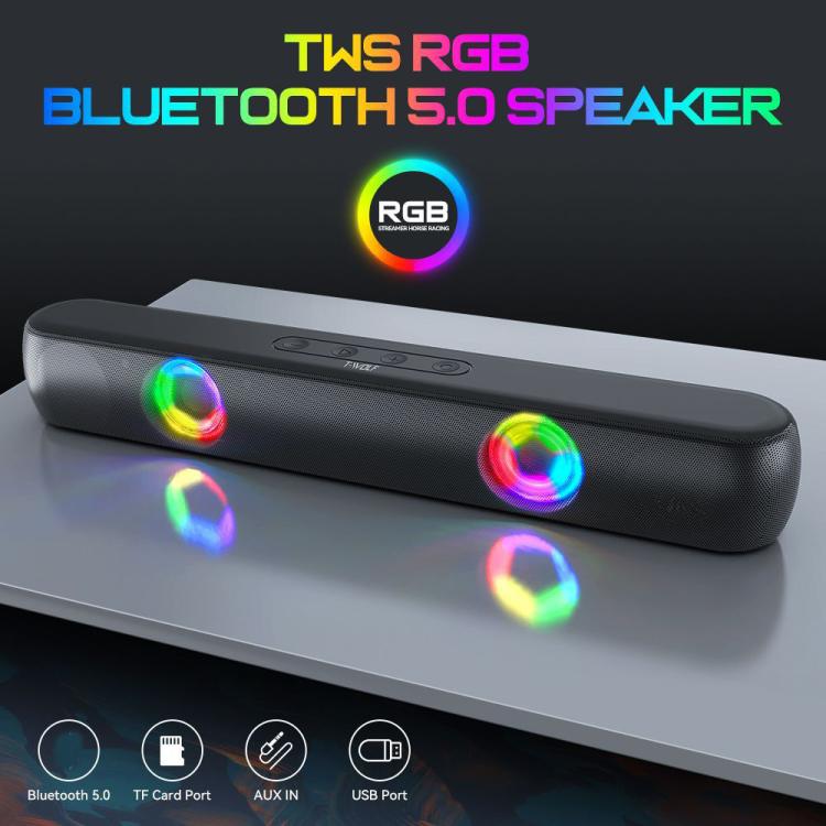 T-WOLF B320 TWS RGB Bluetooth 5.0 Speaker Desktop Soundbar Subwoofer Support USB / AUX / TF / FM(Black) - Desktop Speaker by T-WOLF | Online Shopping UK | buy2fix