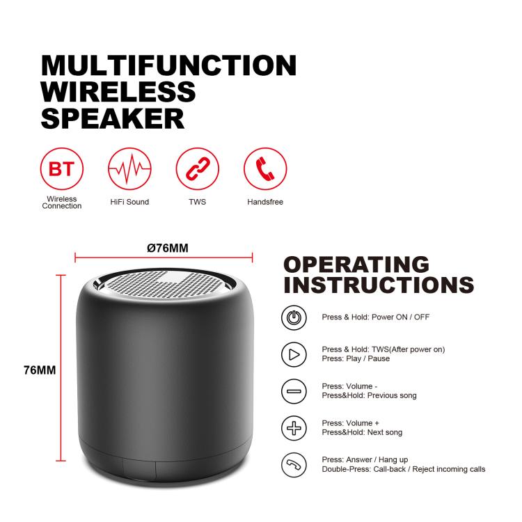 TWS Bluetooth Speaker IPX4 Waterproof Rechargeable Portable Mini Subwoofer Music Player(Black) - Desktop Speaker by buy2fix | Online Shopping UK | buy2fix