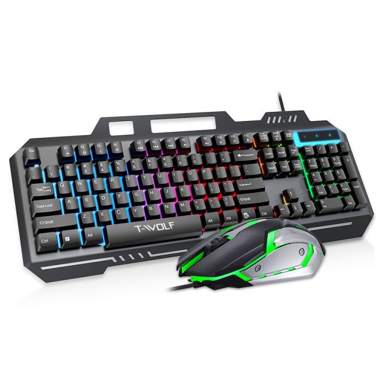 T-WOLF TF600 104-Key Wired Backlit Keyboard and Mouse Combo with Metal Panel & Phone Stand(Black) - Wired Keyboard by T-WOLF | Online Shopping UK | buy2fix