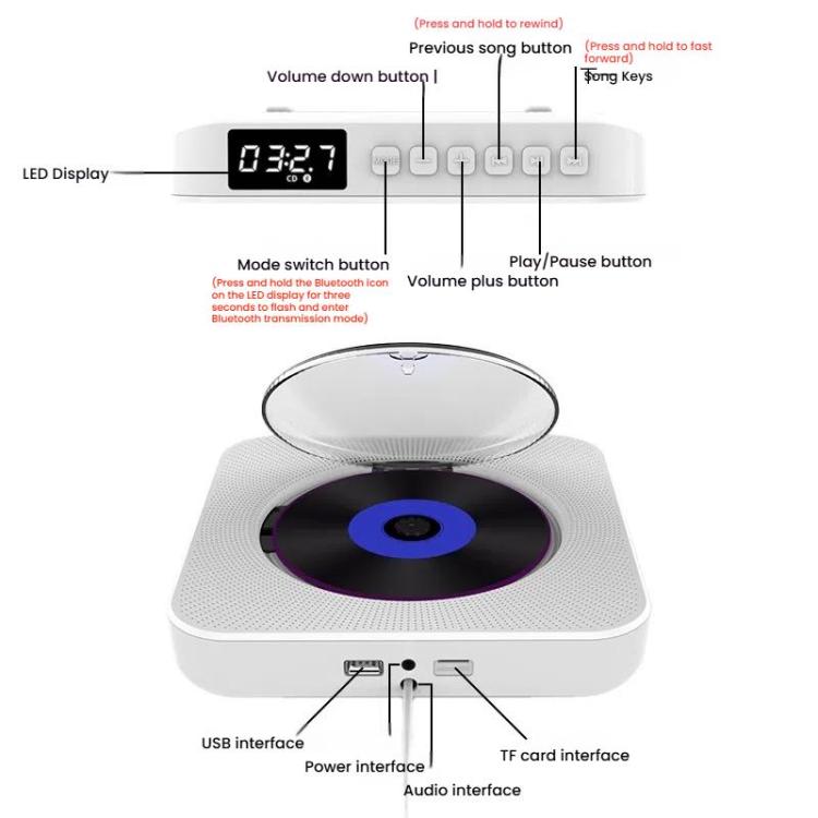 Kecag KC-807 Wall-mounted Home Retro Bluetooth CD Player, Spec: EU Plug(White) - DVD & LCD Player by Kecag | Online Shopping UK | buy2fix