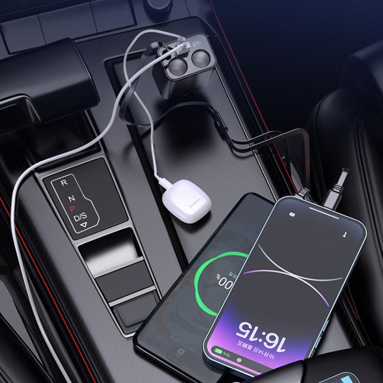 120W 1 To 2 Retractable USB Car Fast Charging Charger With Cigarette Lighter(8 Pin+TYPE-C) - Car Charger by buy2fix | Online Shopping UK | buy2fix