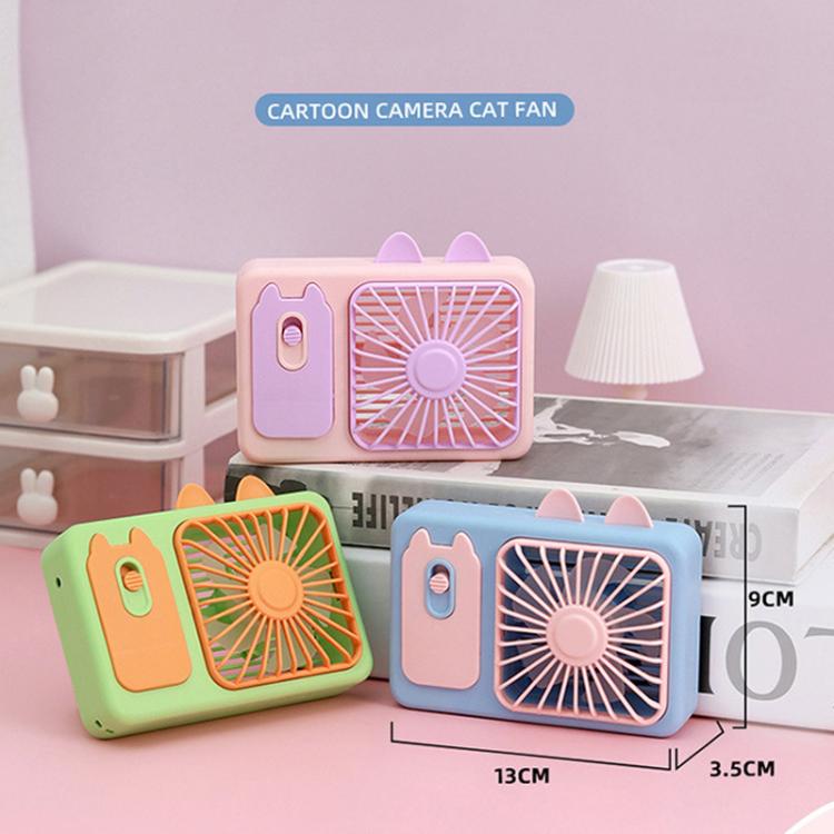 Cute Cartoon Kitten Camera Handheld Large Wind Rechargeable Fan With Stand Desktop Fan(Green) - Electric Fans by buy2fix | Online Shopping UK | buy2fix