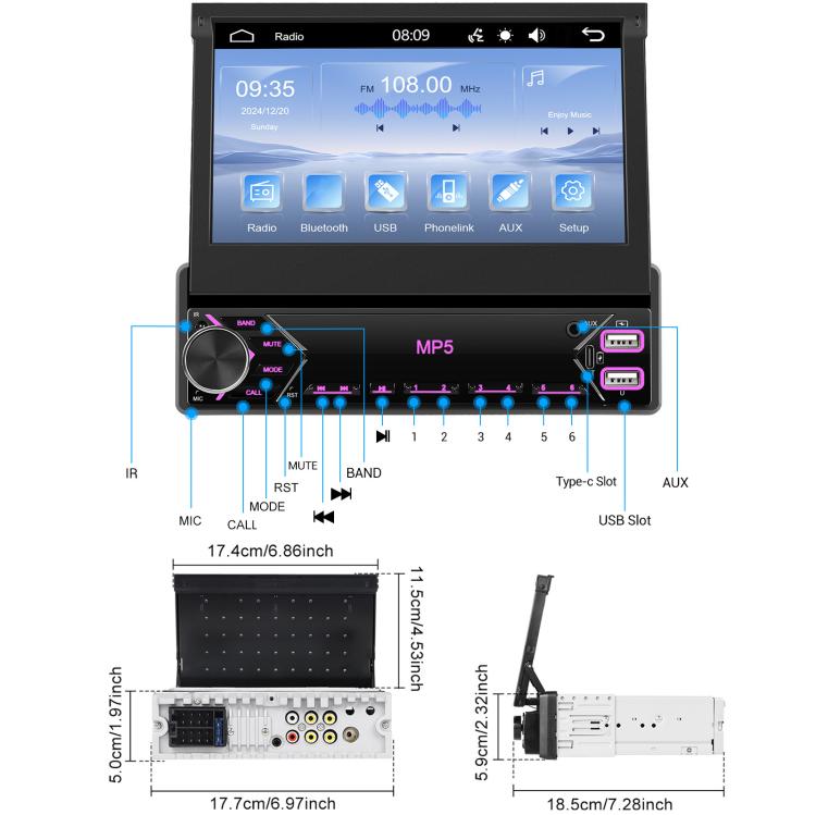 7 inch Universal Manual Retractable Screen Car MP5 Player Car Center Control All-in-One Wired Carplay, Spec: Standard+12 Light Camera - Car MP3 & MP4 & MP5 by buy2fix | Online Shopping UK | buy2fix