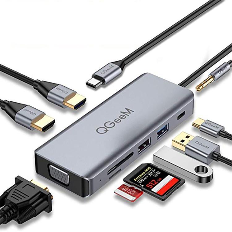QGeeM 9 In 1 USB-C/Type-C Docking Station Hub VGA+2xHDMI+PD 87W+USB2.0/USB3.0+SD/Micro SD+3.5mm - USB HUB by QGeeM | Online Shopping UK | buy2fix