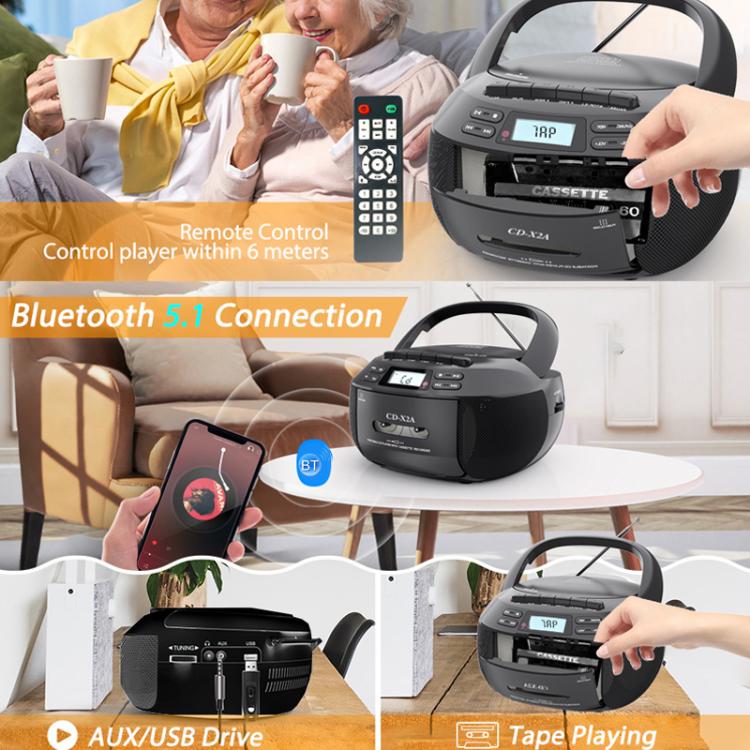 X2A Portable Cassette Player Stereo Bluetooth AM/FM/MP3 Music CD Player Tape Recorder EU Plug(Black) - DVD & LCD Player by buy2fix | Online Shopping UK | buy2fix