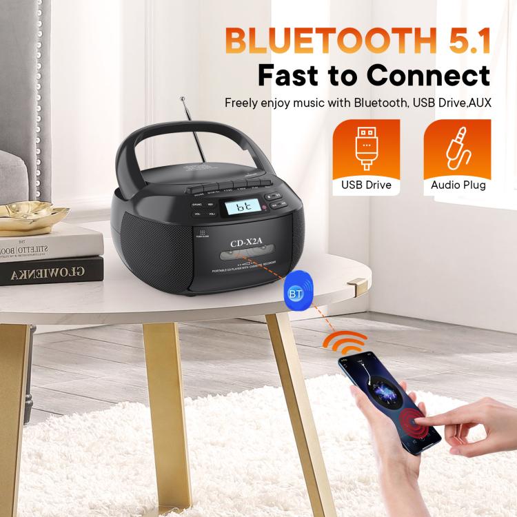 X2A Portable Cassette Player Stereo Bluetooth AM/FM/MP3 Music CD Player Tape Recorder EU Plug(Black) - DVD & LCD Player by buy2fix | Online Shopping UK | buy2fix