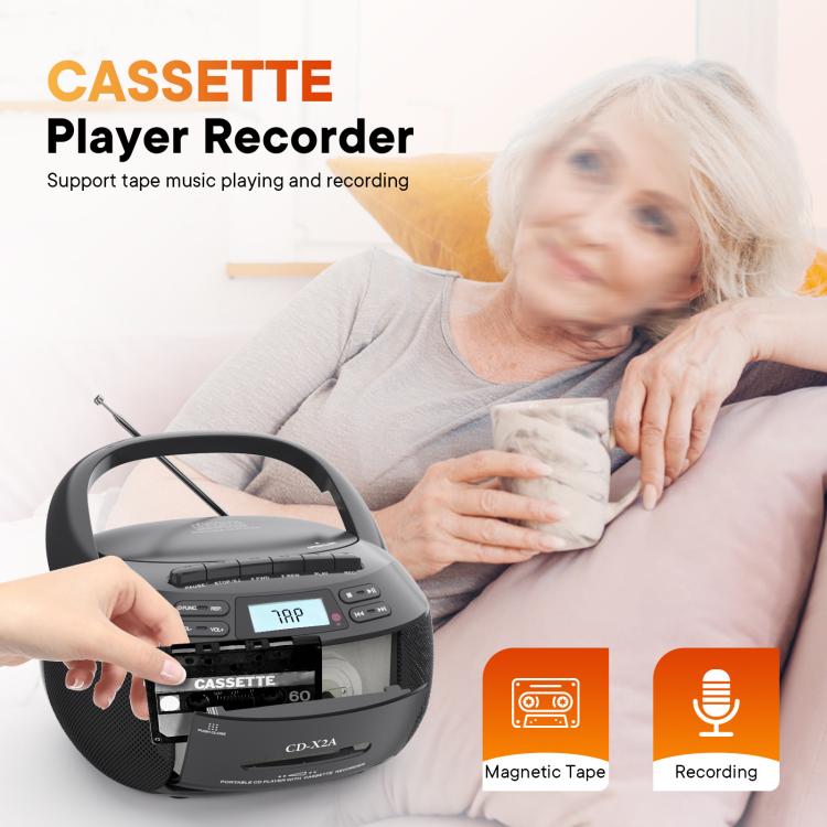 X2A Portable Cassette Player Stereo Bluetooth AM/FM/MP3 Music CD Player Tape Recorder EU Plug(Black) - DVD & LCD Player by buy2fix | Online Shopping UK | buy2fix