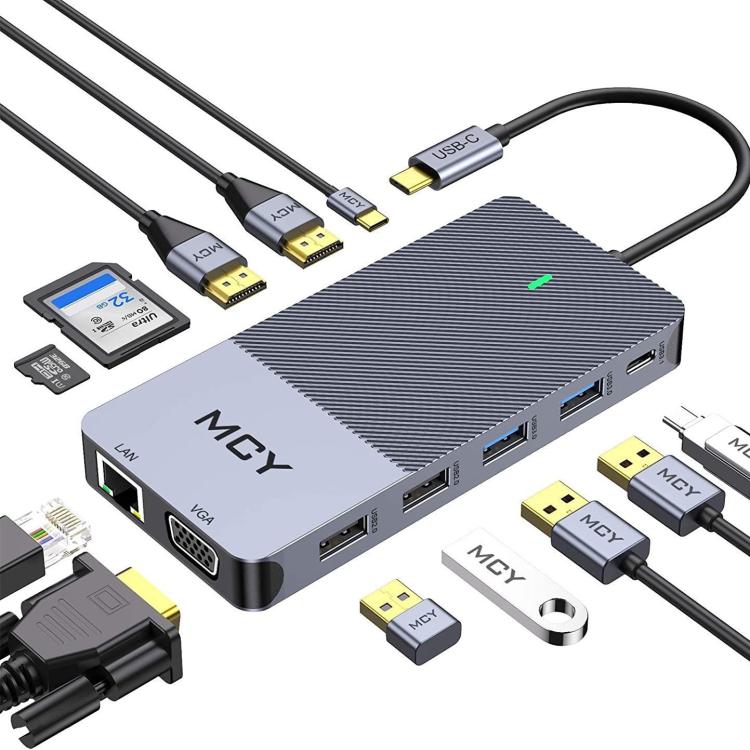 MCY 12-In-1 USB-C Hub With Triple Monitor Support (1000Mbps Lan+VGA+USB3.0/USB2.0+SD/TF+2 HDMI 4K 30Hz+85W PD) - HUB with Lan adapter by MCY | Online Shopping UK | buy2fix