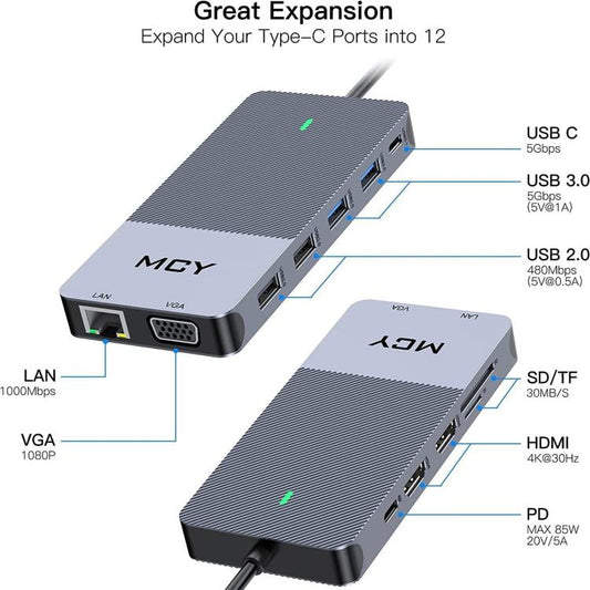 MCY 12-In-1 USB-C Hub With Triple Monitor Support (1000Mbps Lan+VGA+USB3.0/USB2.0+SD/TF+2 HDMI 4K 30Hz+85W PD) - HUB with Lan adapter by MCY | Online Shopping UK | buy2fix