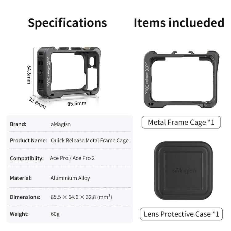 For Insta360 Ace Pro 2 / Ace Pro Camera AMagisn Quick Release Metal Cage Horizontal & Vertical Shooting Protective Frame(Charcoal Metallic) - Mount & Holder by aMagisn | Online Shopping UK | buy2fix
