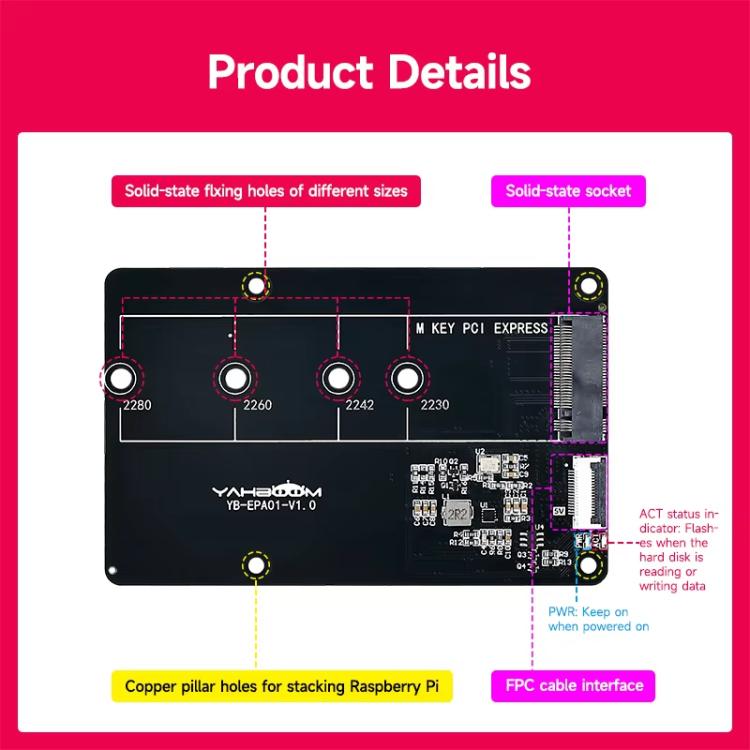 Yahboom PCIe To M.2 Adapter Expansion Board For Raspberry Pi 5 NVMe Expansion Board, Spec: Board + 256G SSD - Raspberry Pi Accessories by Yahboom | Online Shopping UK | buy2fix