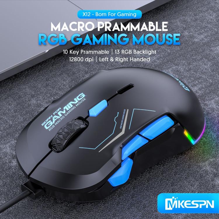 MKESPN 12800 DPI Ambidextrous Wired Gaming Mouse - 10 Programmable Buttons, RGB Customization, Symmetrical Design(Black Blue) - Wired Mice by MKESPN | Online Shopping UK | buy2fix