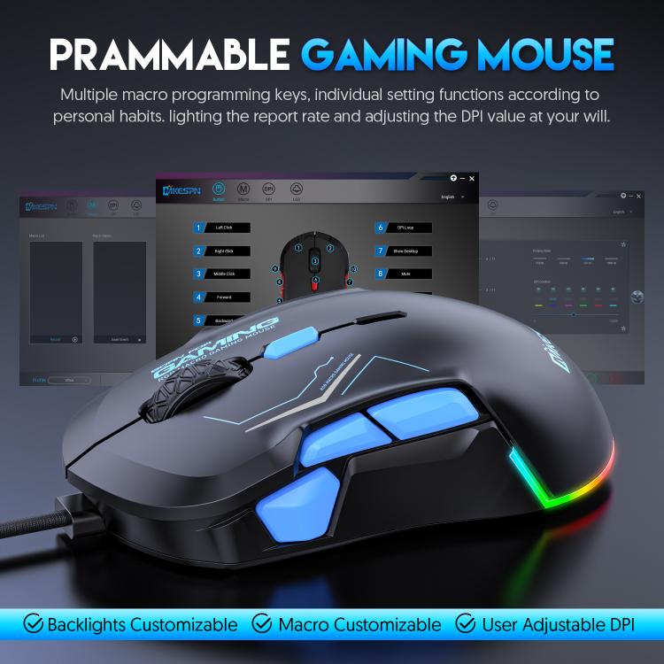 MKESPN 12800 DPI Ambidextrous Wired Gaming Mouse - 10 Programmable Buttons, RGB Customization, Symmetrical Design(Black Blue) - Wired Mice by MKESPN | Online Shopping UK | buy2fix