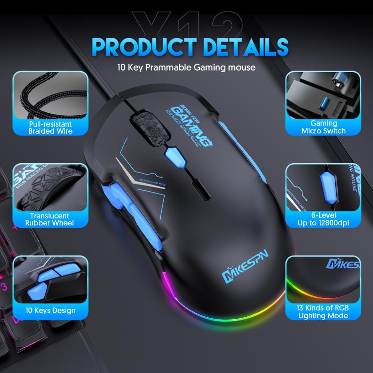 MKESPN 12800 DPI Ambidextrous Wired Gaming Mouse - 10 Programmable Buttons, RGB Customization, Symmetrical Design(Black Blue) - Wired Mice by MKESPN | Online Shopping UK | buy2fix