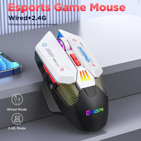 MKESPN Wired + 2.4G Dual Mode Gaming Mouse 10000 DPI Type-C Fast Charging RGB Light, Programmable Macros Mouse(Black White) - Wireless Mice by MKESPN | Online Shopping UK | buy2fix