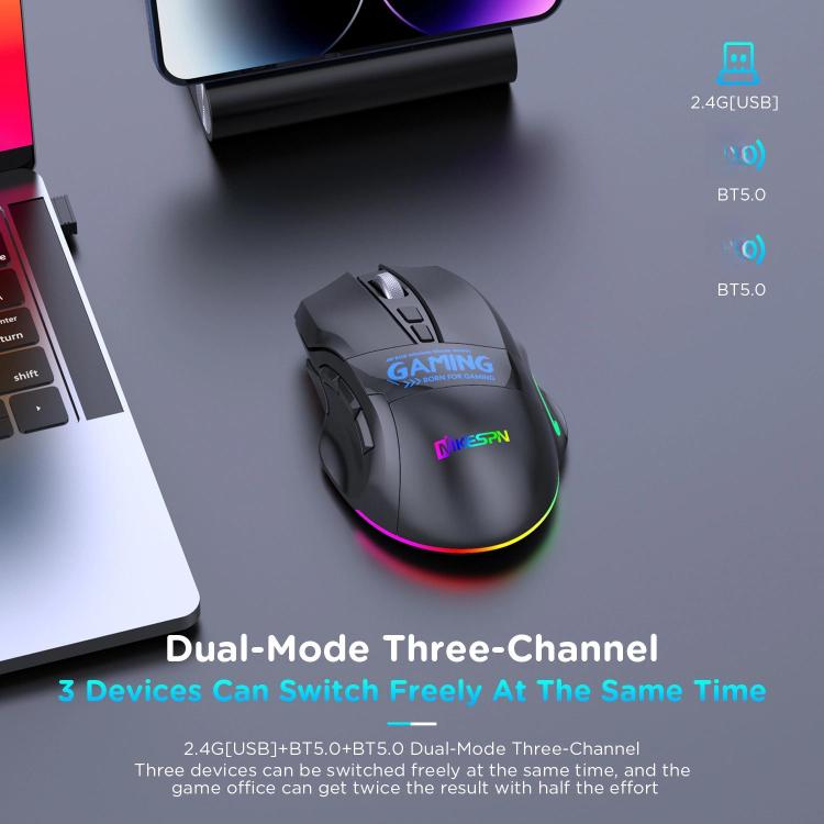 MKESPN W10 Tri-Mode Wireless Gaming Mouse 2400DPI with 9 Programmable Buttons, RGB Lighting, Type-C Rechargeable(Black) - Wireless Mice by MKESPN | Online Shopping UK | buy2fix