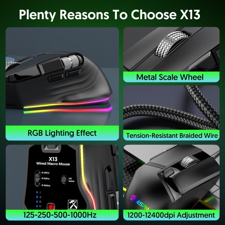 MKESPN X13 RGB Full Speed Wired Gaming Mouse 12400 DPI 10-Key Dual Scroll Wheel Swing Macro Programmable Mouse(Black) - Wired Mice by MKESPN | Online Shopping UK | buy2fix