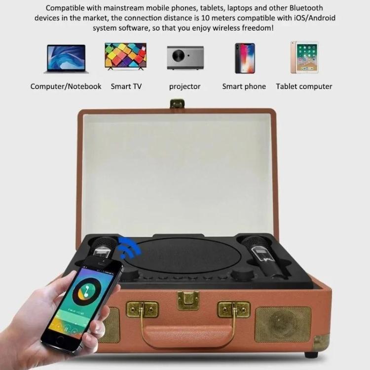 SDRD Wooden Box Karaoke Machine With Wireless Dual Mics All-In-One Speaker System Supports U Disk/TF Card(Black) - Desktop Speaker by SDRD | Online Shopping UK | buy2fix