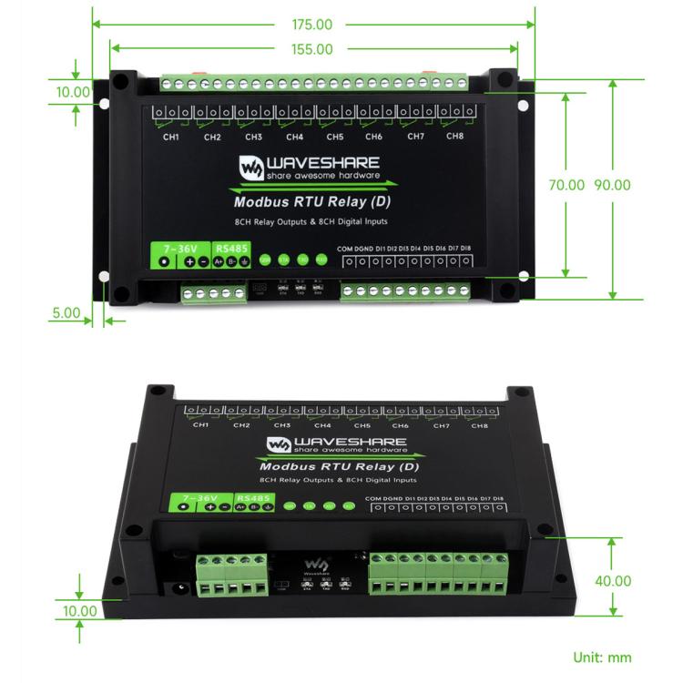 Waveshare Modbus RTU 8-Channel RS485 Relay Module With Digital Input Multi Isolation Protection Circuits, 7~36V Power Supply - Module by Waveshare | Online Shopping UK | buy2fix