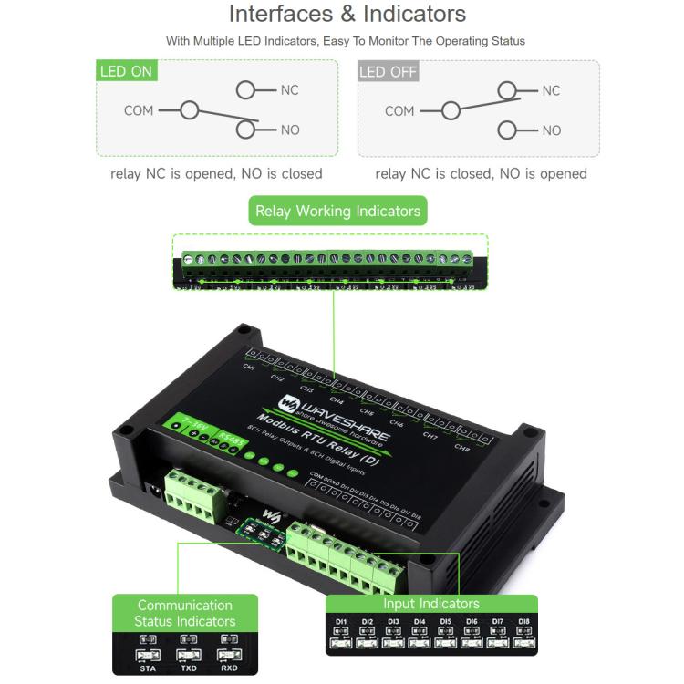 Waveshare Modbus RTU 8-Channel RS485 Relay Module With Digital Input Multi Isolation Protection Circuits, 7~36V Power Supply - Module by Waveshare | Online Shopping UK | buy2fix