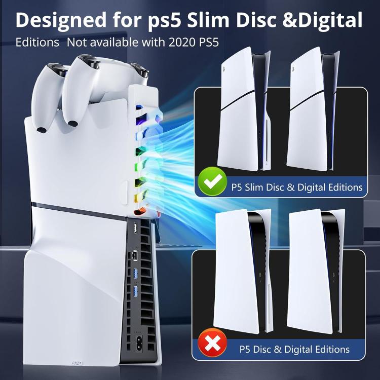 For PS5 Slim Controller 2-in-1 Charging Station Cooling Fan With RGB Lighting(White) - Charger & Power by buy2fix | Online Shopping UK | buy2fix