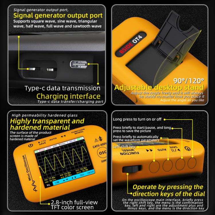 BSIDE OT4 Miniature Oscilloscope Signal Generator Rechargeable Handheld Color Screen 50MHz Oscilloscope - Other Tester Tool by BSIDE | Online Shopping UK | buy2fix