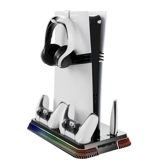 For PS5 Pro / PS5 Slim / PS5 Multifunctional Cooling Base With Dual Handle Charging Dock, Style: YH66S Piano Style With Colorful Light White - Charger & Power by buy2fix | Online Shopping UK | buy2fix