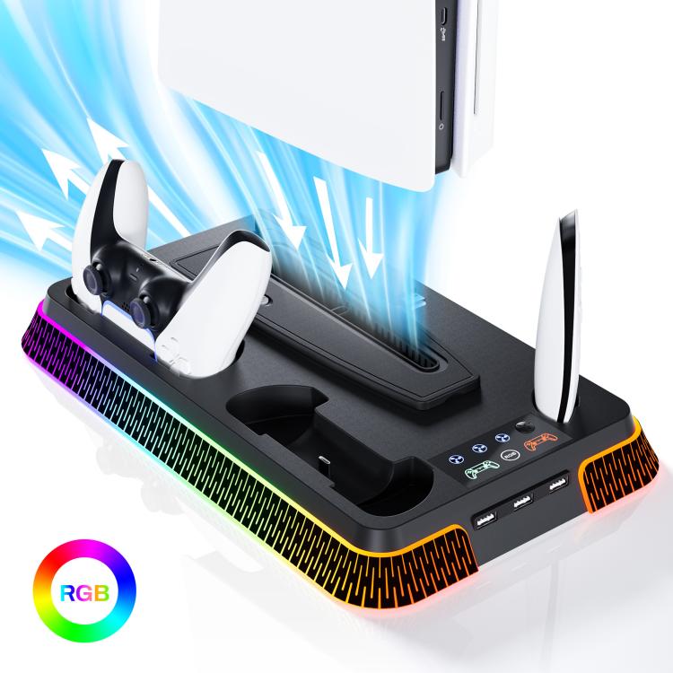For PS5 Pro / PS5 Slim / PS5 Multifunctional Cooling Base With Dual Handle Charging Dock, Style: YH66S Piano Style With Colorful Light White - Charger & Power by buy2fix | Online Shopping UK | buy2fix