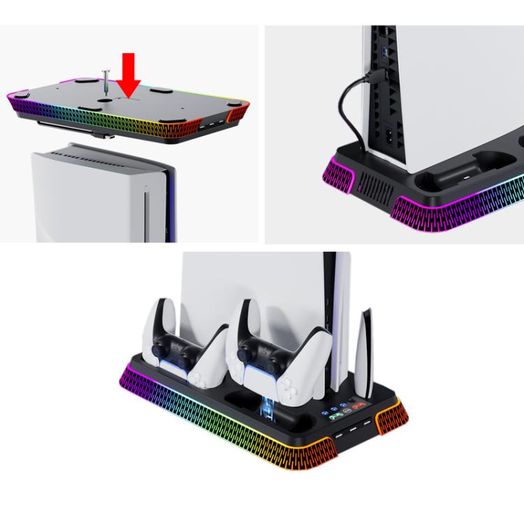 For PS5 Pro / PS5 Slim / PS5 Multifunctional Cooling Base With Dual Handle Charging Dock, Style: YH66S Piano Style With Colorful Light Black - Charger & Power by buy2fix | Online Shopping UK | buy2fix