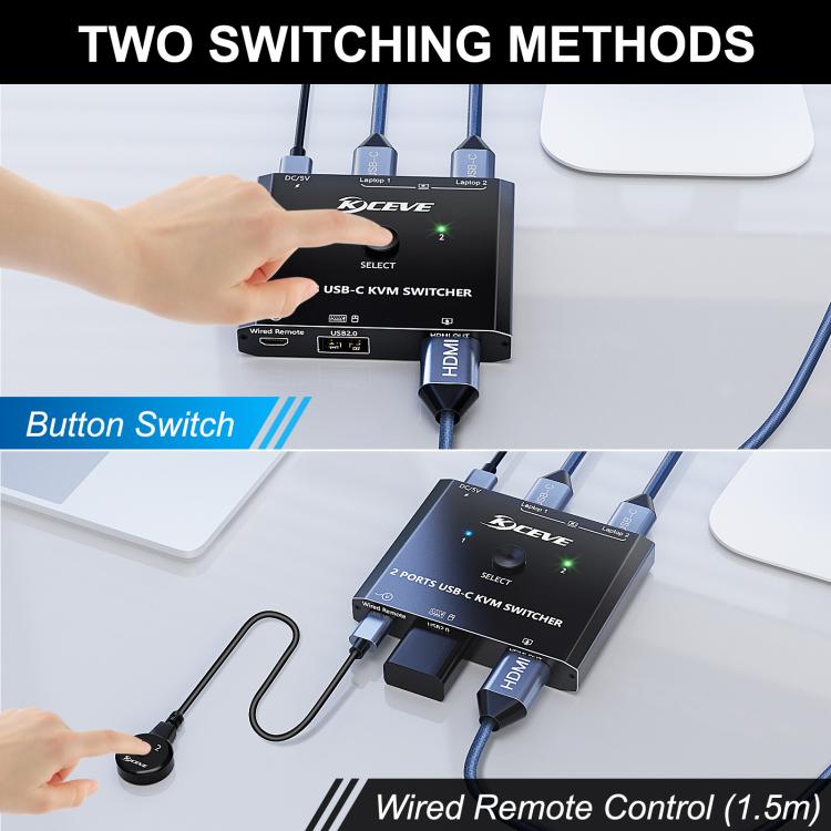 KCEVE KC-C201H 2 Type-C Input 1 Output KVM Switch Support 4K 60Hz - Switch by KCEVE | Online Shopping UK | buy2fix