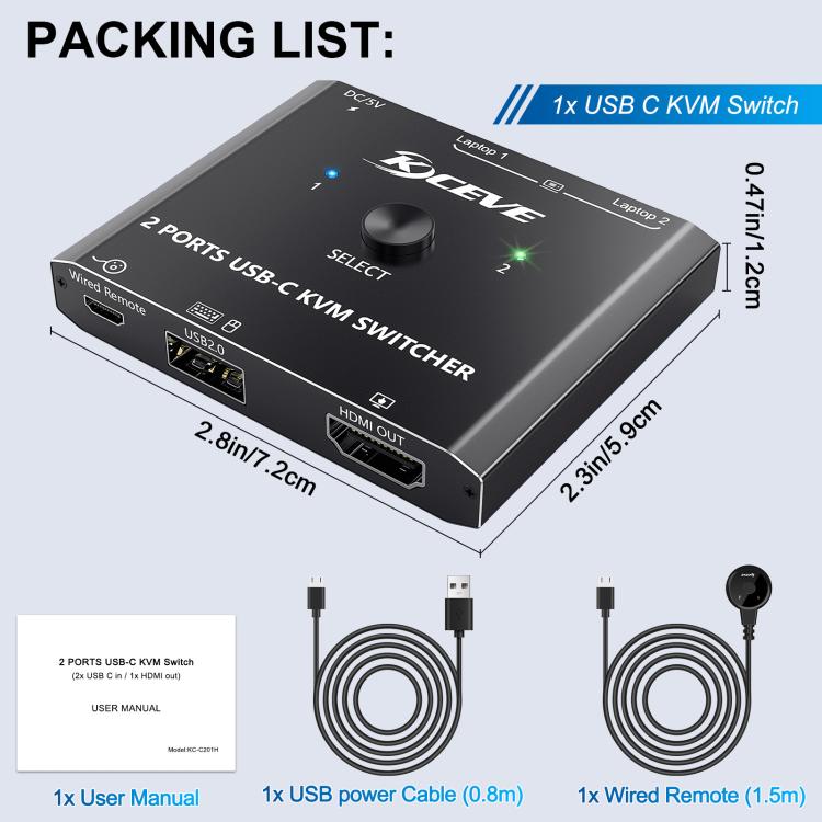 KCEVE KC-C201H 2 Type-C Input 1 Output KVM Switch Support 4K 60Hz - Switch by KCEVE | Online Shopping UK | buy2fix