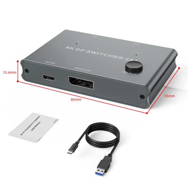 DP201 2 In 1 Out DisplayPort Switch 8K 30Hz HD Splitter For Computer Screen - by buy2fix | Online Shopping UK | buy2fix