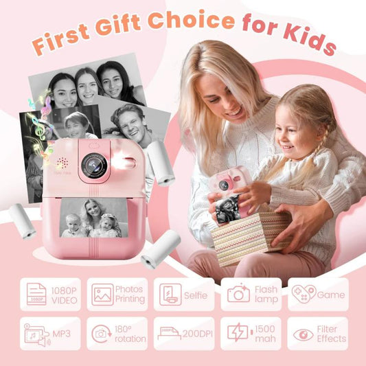 P02 Kids Instant Print Camera with 180-degree Flip Lens & 32GB Memory Card Selfie Photo Printing Toy(Pink) - Children Cameras by buy2fix | Online Shopping UK | buy2fix