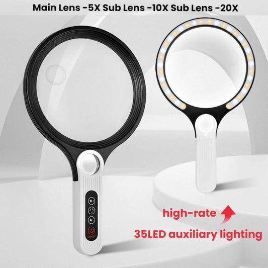 5/10/20X 13.5cm 3 Colors LED Handheld Magnifying Glass Adjustable Brightness For Reading, Spec: Charging - Hand Held Style by buy2fix | Online Shopping UK | buy2fix