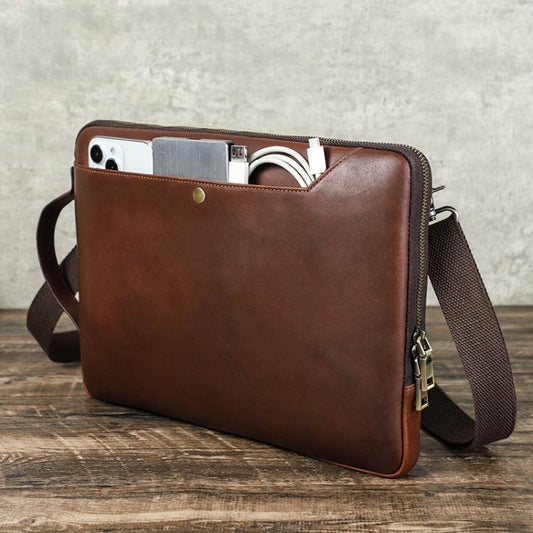 CONTACTS FAMILY 14.2 Inch Crazy Horse Leather Messenger Bag Vintage Crossbody Laptop Briefcase(Brown) - 14.1 inch by buy2fix | Online Shopping UK | buy2fix