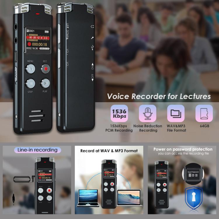 Portable HD Noise-Cancelling Voice-Activated Digital Voice Recorder For Conferences, Capacity: 64GB - Recording Pen by buy2fix | Online Shopping UK | buy2fix