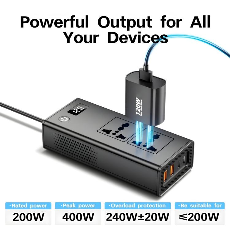 DC12V 200W Fast Charging QC3.0 PD Car Cigarette Lighter Portable Inverter(220V Universal) - Others by buy2fix | Online Shopping UK | buy2fix