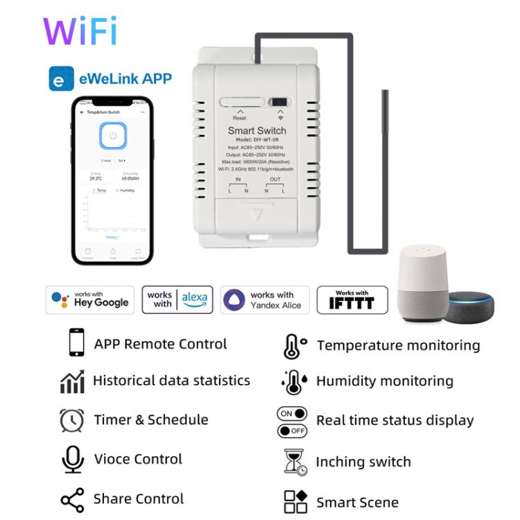 DIY-WT-09 20A Temperature Switch Smart Thermostat, Compatible With Google / Alexa / Yandex Alice / IFTTT, Spec: Humidity+1m Temperature Humidity Sensor - Thermostat & Thermometer by buy2fix | Online Shopping UK | buy2fix