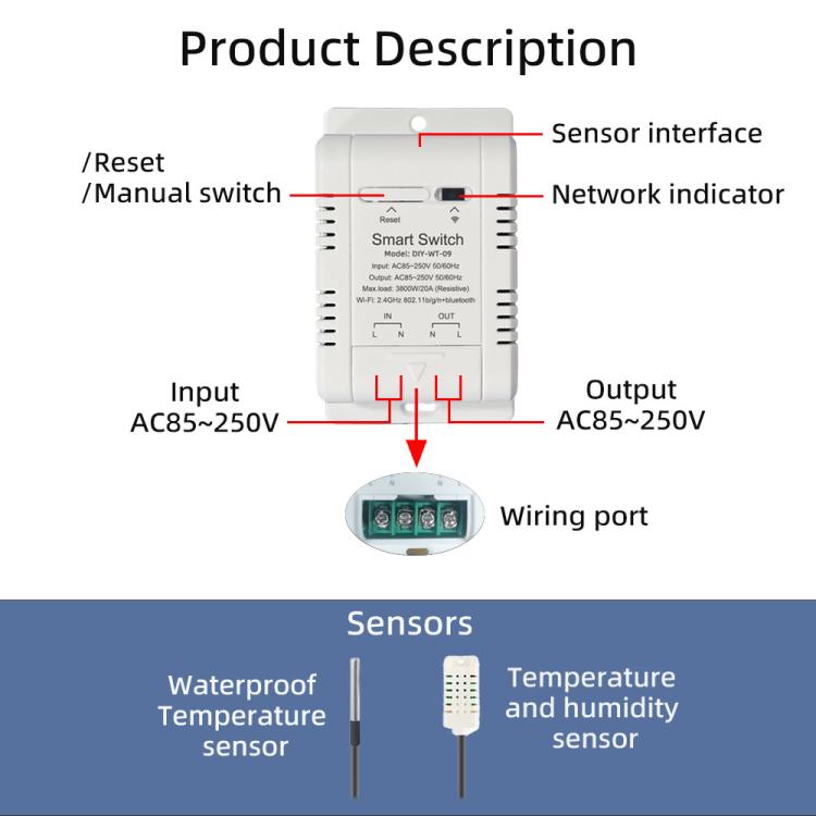 DIY-WT-09 20A Temperature Switch Smart Thermostat, Compatible With Google / Alexa / Yandex Alice / IFTTT, Spec: Humidity+1m Temperature Humidity Sensor - Thermostat & Thermometer by buy2fix | Online Shopping UK | buy2fix
