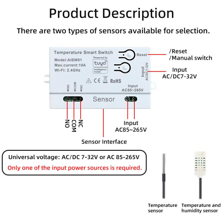 Graffiti WIFI Temperature Dry Contact Switch Module APP Remote Control Switch, Supports Google / Alexa Voice, Spec: With 2m Cable - Thermostat & Thermometer by buy2fix | Online Shopping UK | buy2fix